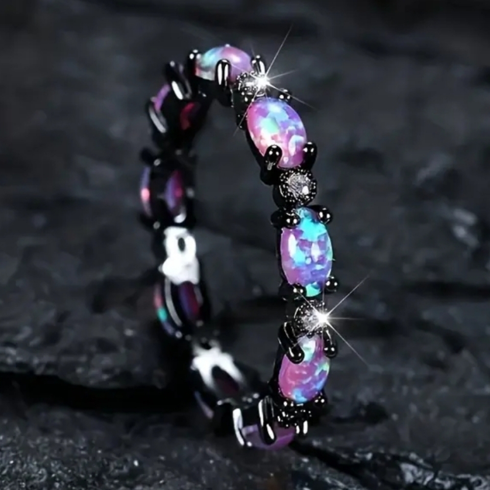 Iridescent Opal Ring with Black Band Sz 9